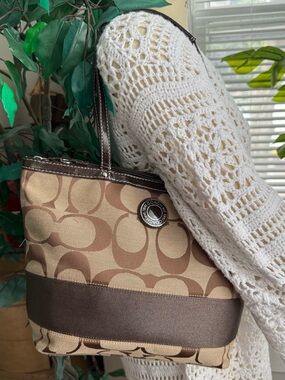 Coach Tan and Brown Signature Canvas Tote with Leather Trim